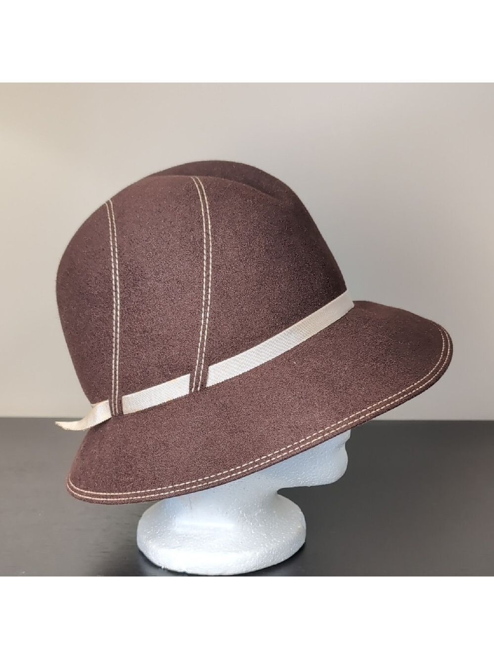 Anita Pineault Vintage Furfelt Cloche Brown and Cream Women's Hat